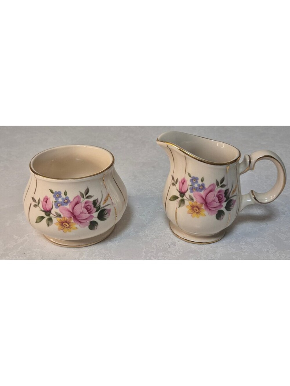Sadler England Floral Creamer & Open Sugar Bowl Set – Gold Trim